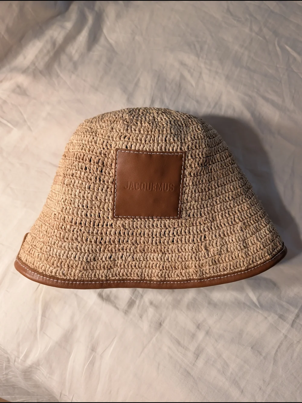 Jacquemus Le Bob Soli Raffia Bucket Hat Light Brown Leather Trim Size 56